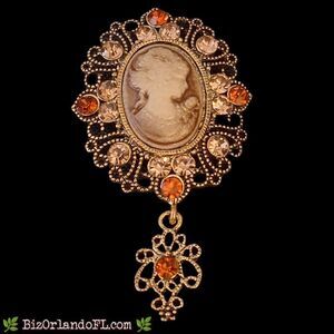 Modern Victorian Revival Cameo Brooch Gold Tone Amber Rhinestone Dangle Pin